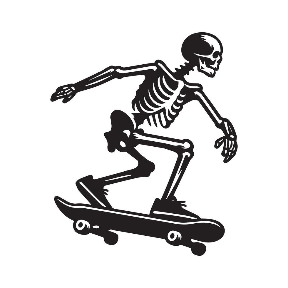 Skateboarding skeleton illustration in black and white vector