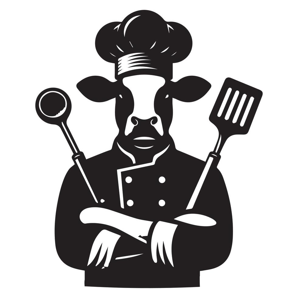 vaca logo - cocinero vaca en un cocinero sombrero ilustración en negro y blanco vector