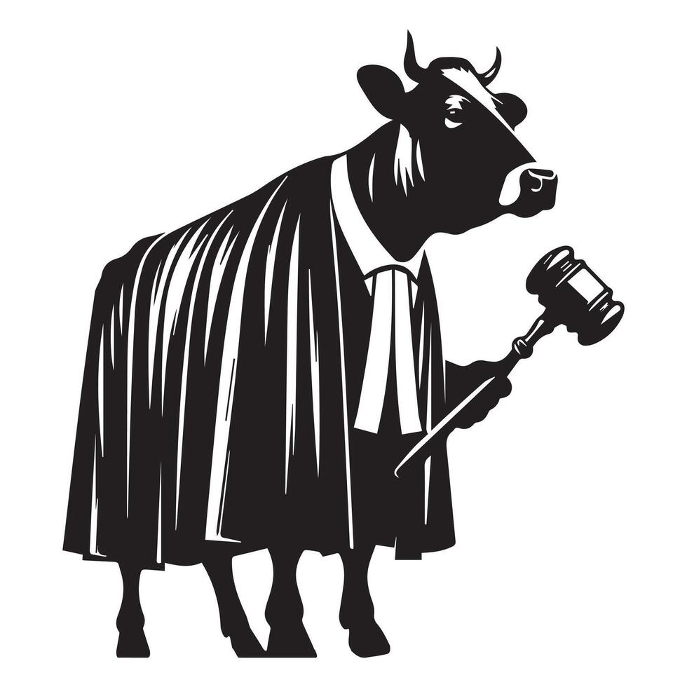 Judge cow in robes with a gavel illustration in black and white vector