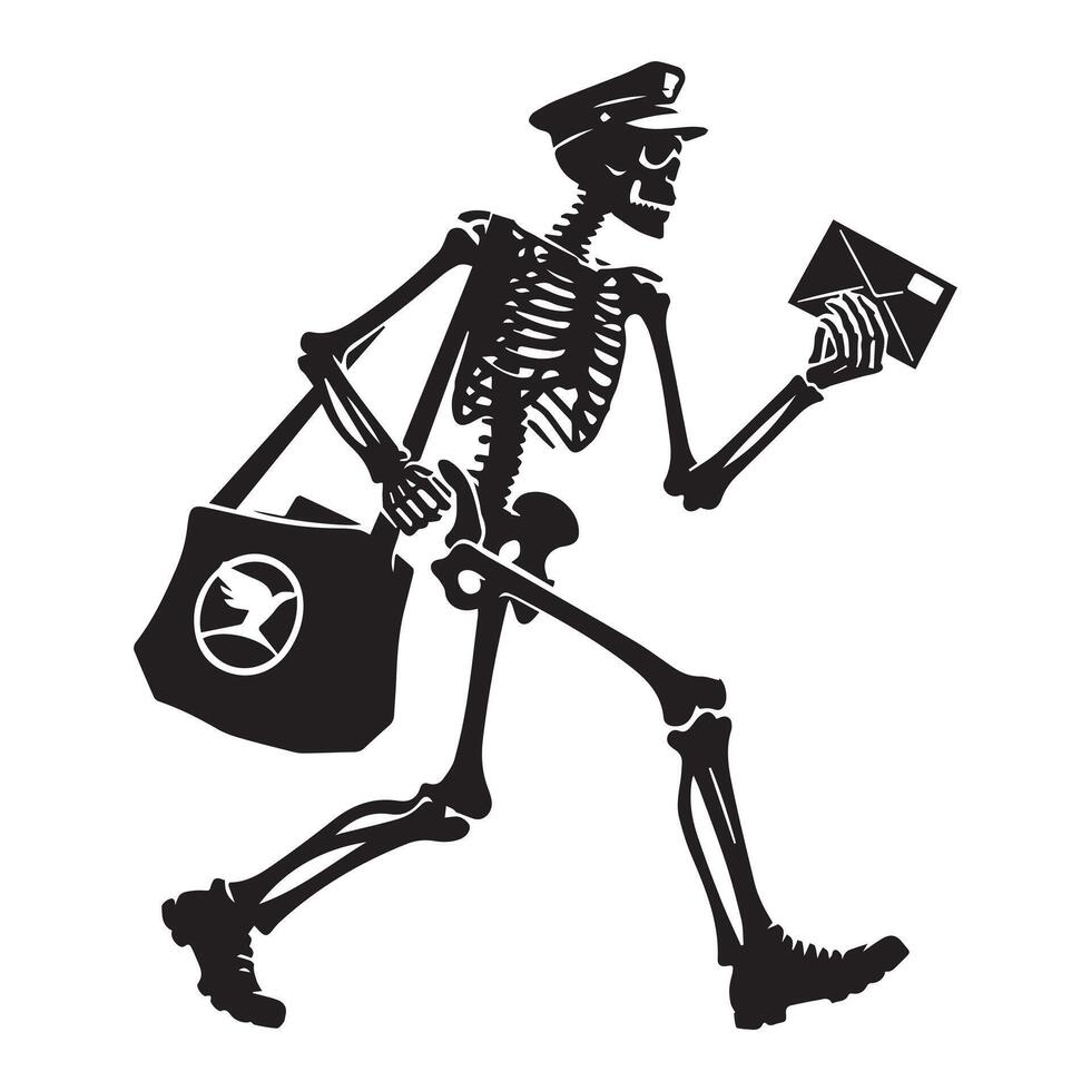 Mailman skeleton delivering mail illustration in black and white vector