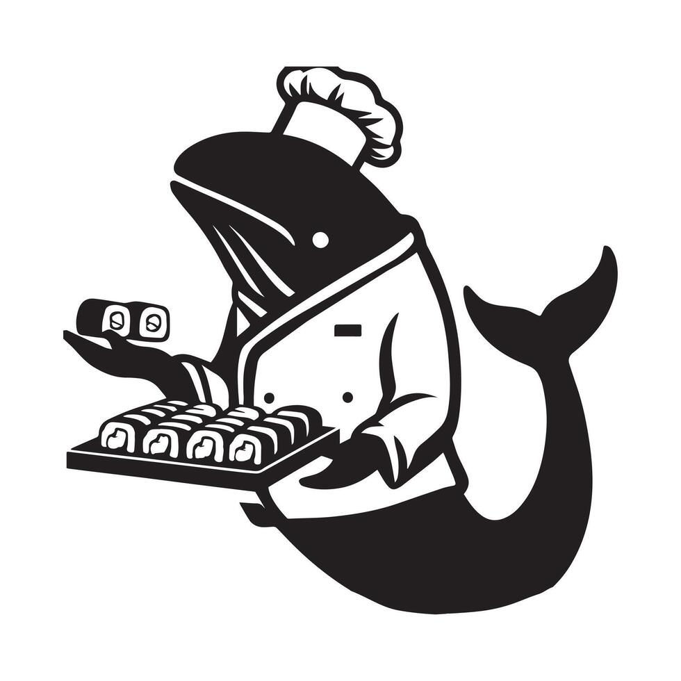 illustration of a Sushi chef whale with a sushi platter in black and white vector