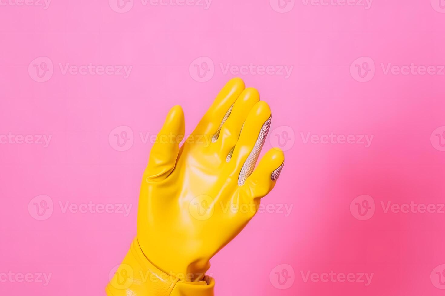 Latex Glove For Cleaning on hand on pink background. Neural network photo