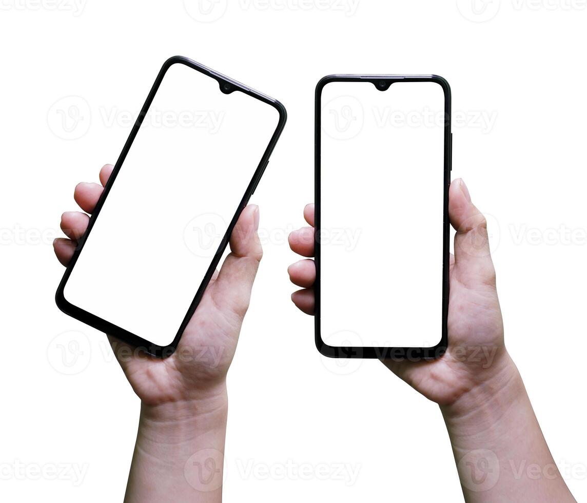 A woman's hand holding a blank screen black smartphone with a modern design, two vertical positions and rotated. Isolated on white background. photo