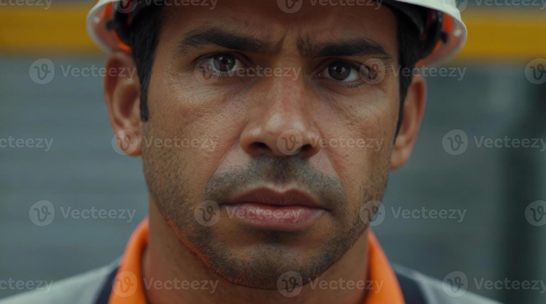 A close-up, revealing the focused and determined expression of a worker photo
