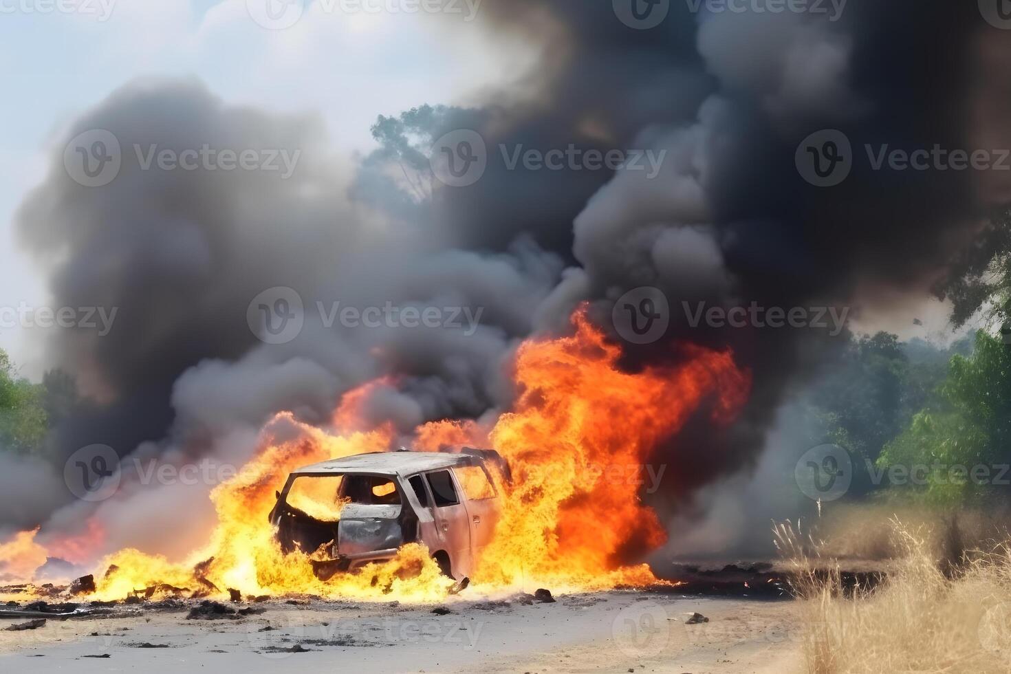 Fuel carrier in flames. Truck burning on the road. Neural network photo