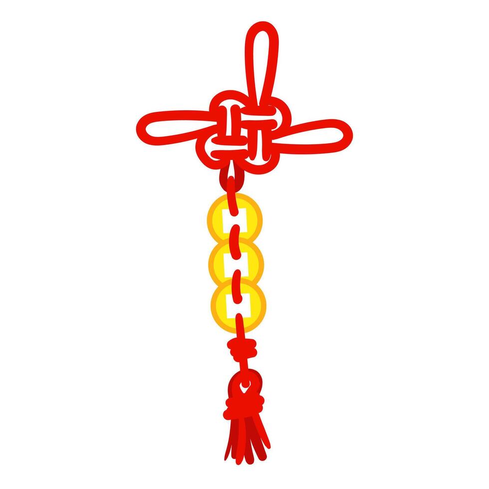 Red threads are tied in Chinese lucky knots, symbolizing good luck and prosperity. Red threads in knots with gold coins. For cultural-themed design, materials in the traditional Asian style vector