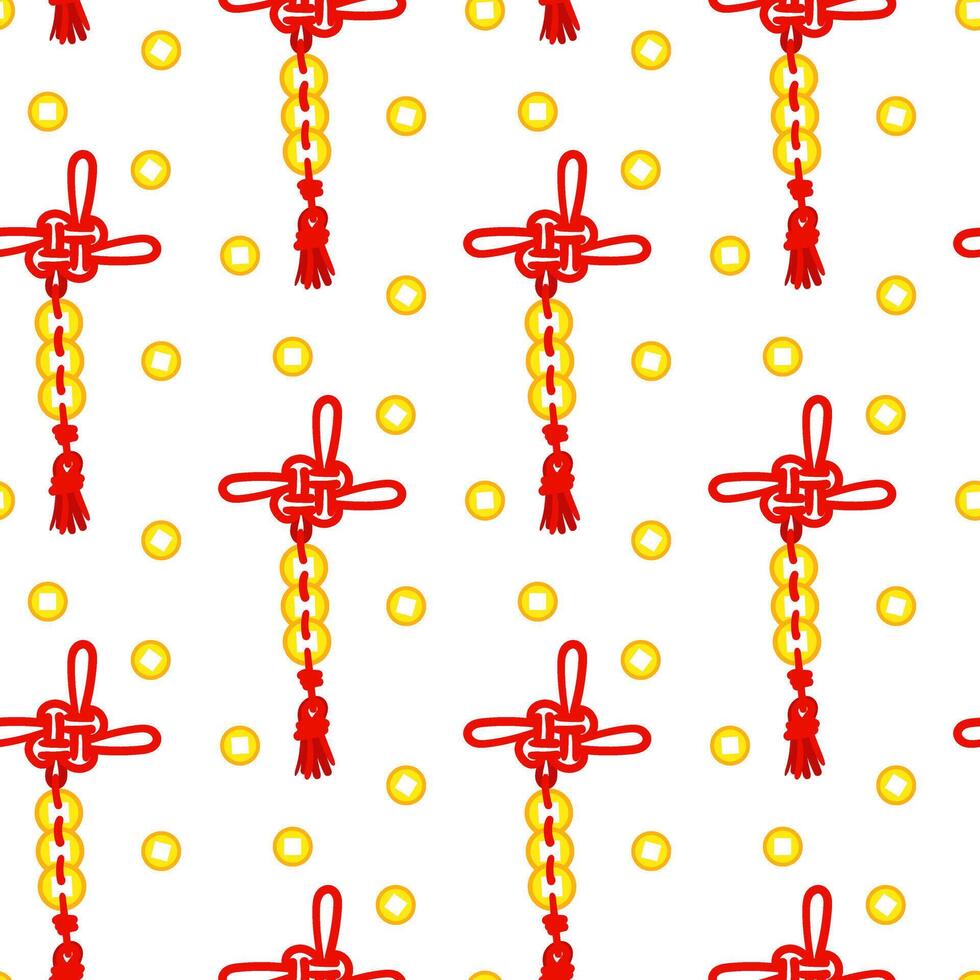 Pattern of red threads is tied in Chinese knots for good luck, symbolizing, prosperity. Red threads in knots with gold coins. Materials in the traditional Asian style are used in a cultural vector