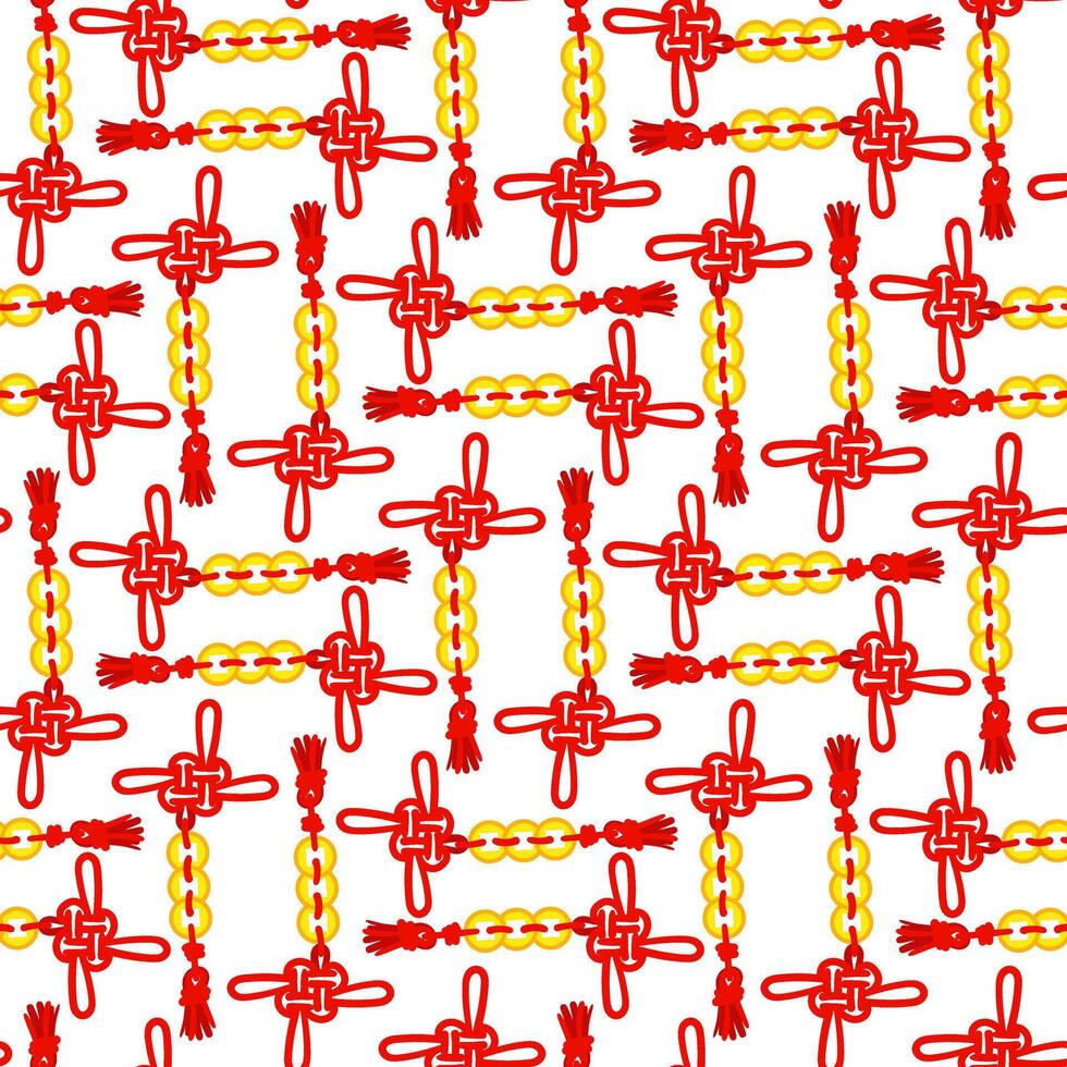 Pattern of red threads is tied in Chinese knots for good luck 