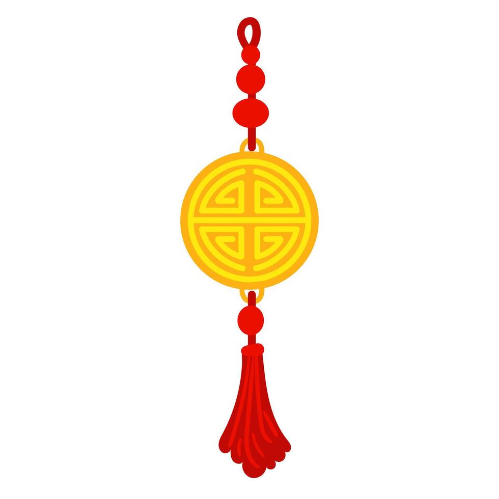 Red threads are tied into Chinese lucky tassels, symbolizing good luck and prosperity. Red threads in the knots with the amulet. For cultural-themed design, materials in the traditional Asian style vector