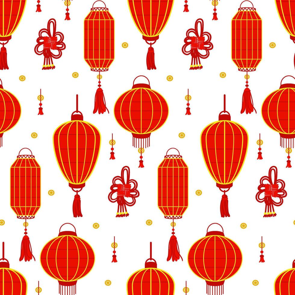 un modelo de rojo chino papel linternas y rojo hilo, creando un festivo y cultural atmósfera. decoración de festivo eventos, cultural decoraciones en el tradicional asiático estilo. sin costura textura vector