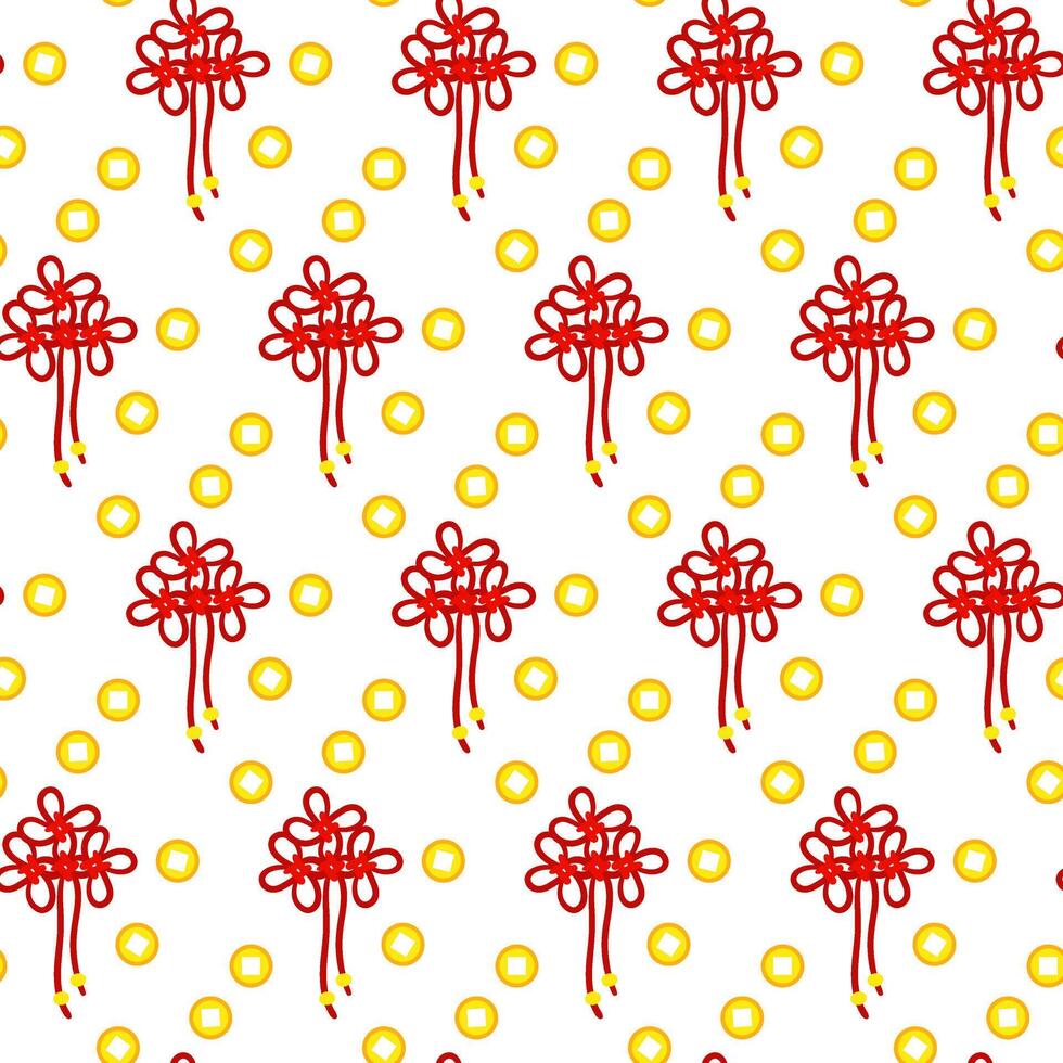 A pattern of red threads is tied into Chinese knots for good luck, symbolizing prosperity. Red threads in knots and scattered gold coins. Materials in the traditional Asian style are used in cultural vector
