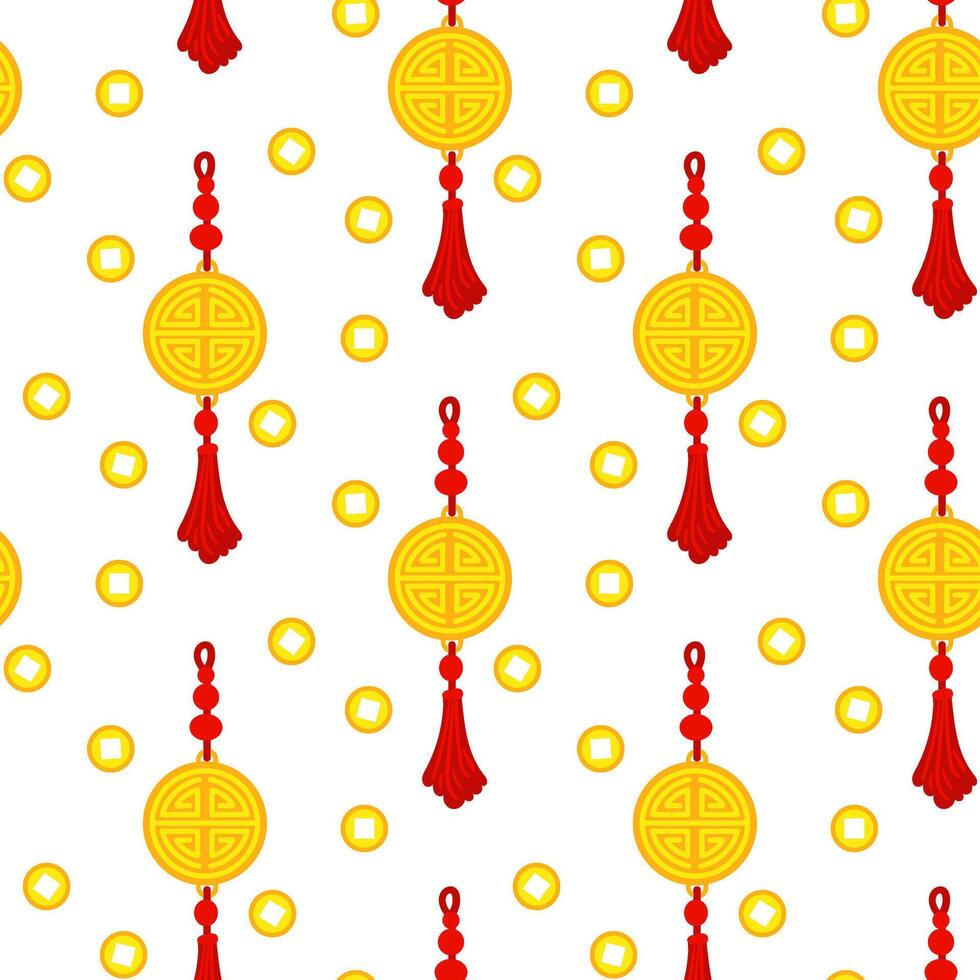 A pattern with Chinese gold amulets with tassels and coins, reminiscent of cultural wealth and a festive atmosphere. A festive festival. A round maze for good luck. The Moon Festival. illustration vector