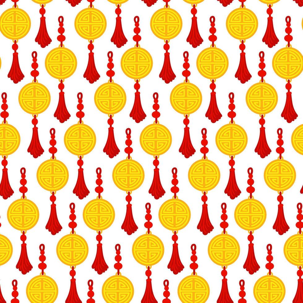 A pattern of Chinese gold amulets depicting labyrinths and tassels, reminiscent of cultural wealth and a festive atmosphere. A festive festival. A round amulet. The Moon Festival. illustration vector