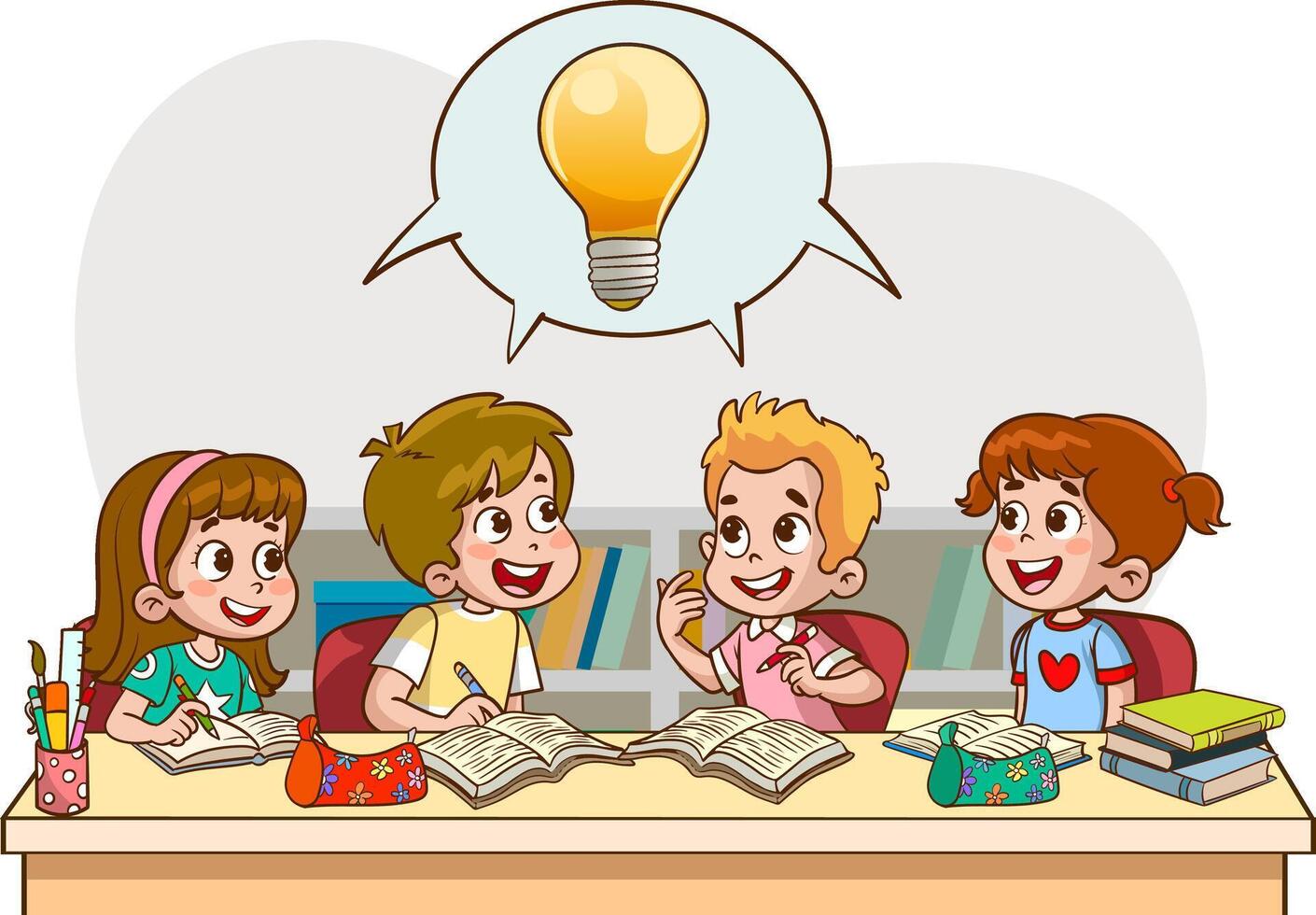 Cute kids are doing group work, brainstorming and working together. illustration vector