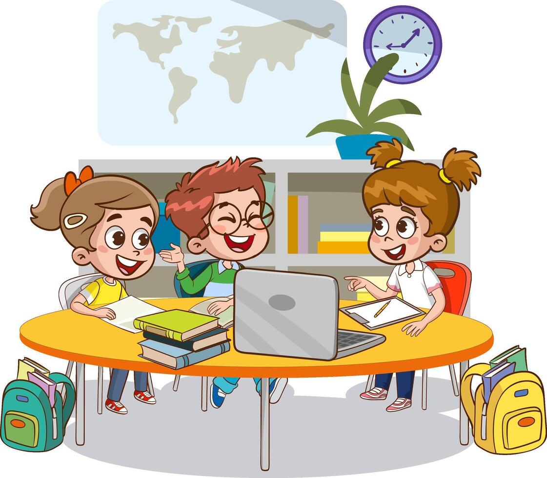 Group of elementary students kids studying together doing homework, reading, and discussing school projects around the table vector