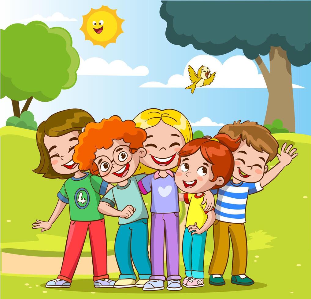 Group portrait of smiling teenage boy and girl or school friends standing together, embracing each other, waving. Happy students isolated on white background. Flat cartoon illustration. vector