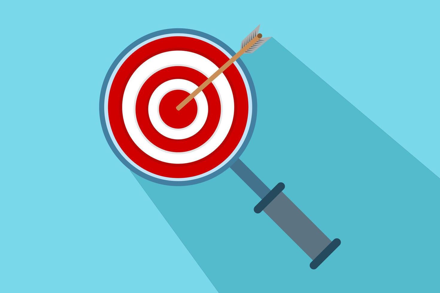 Dartboard inside a magnifying glass for business purposes. The red arrow hits the center of the dartboard. Business success, investment goals, challenges opportunities, goal strategies. vector