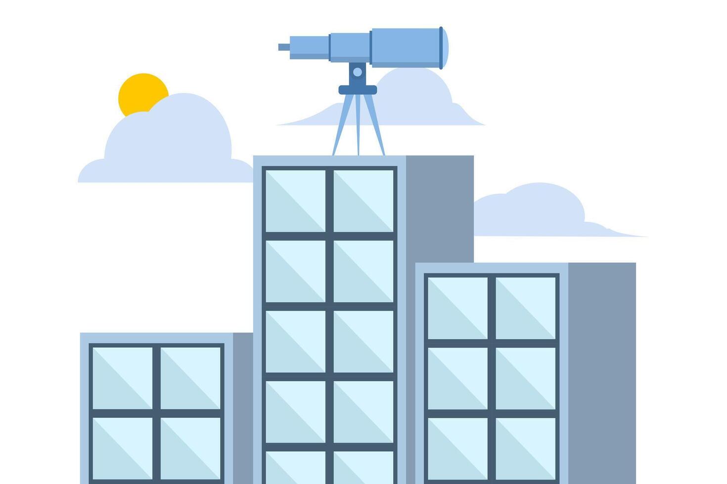 Leadership vision concept, company growth. The future direction of the organization. large binoculars on top of a tall building looking towards the front. flat illustration on white background. vector