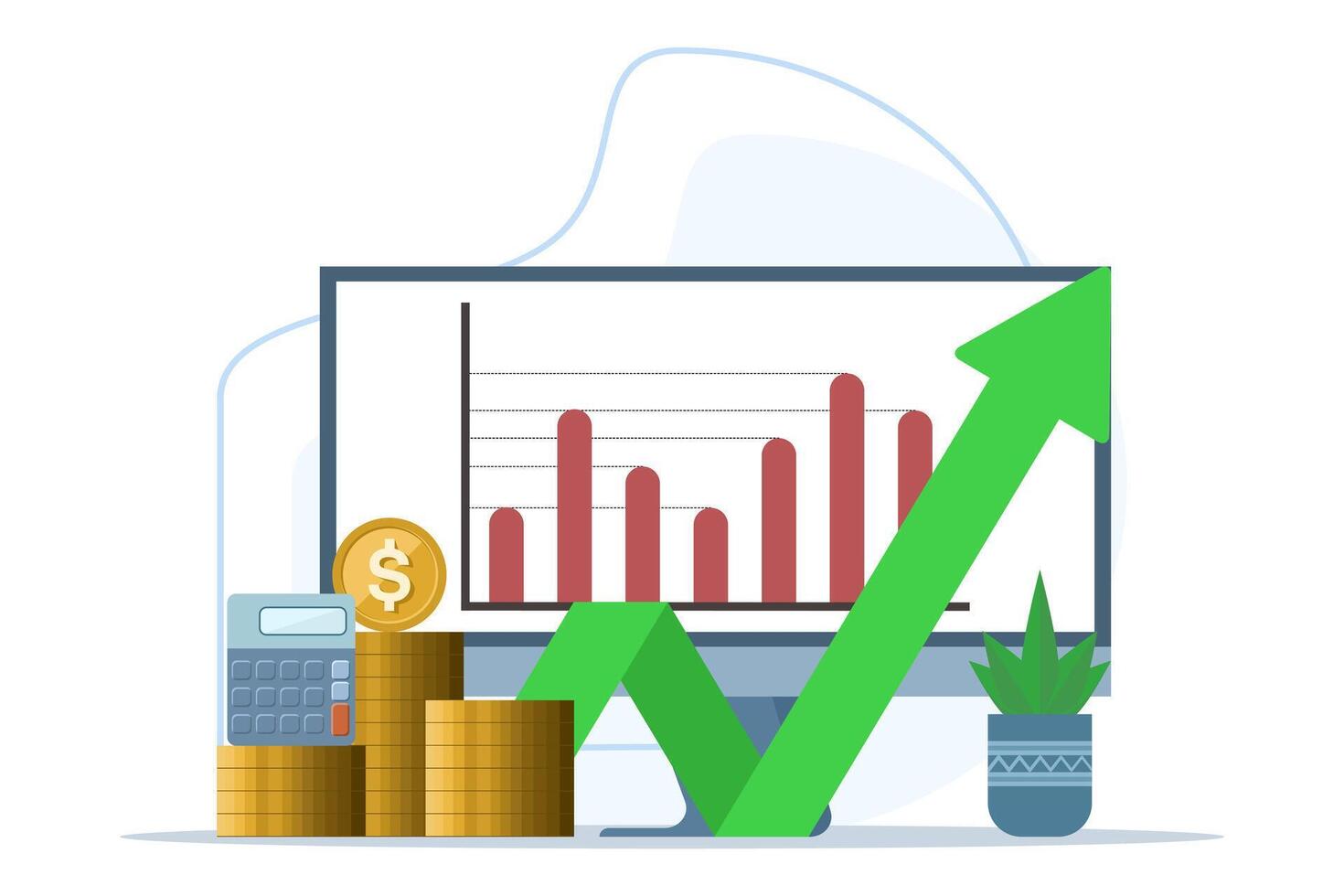 concept of success in business or investment. computer with increasing arrow, calculator, stack of coins and increasing arrow, investment and investor concept, illustration on background. vector