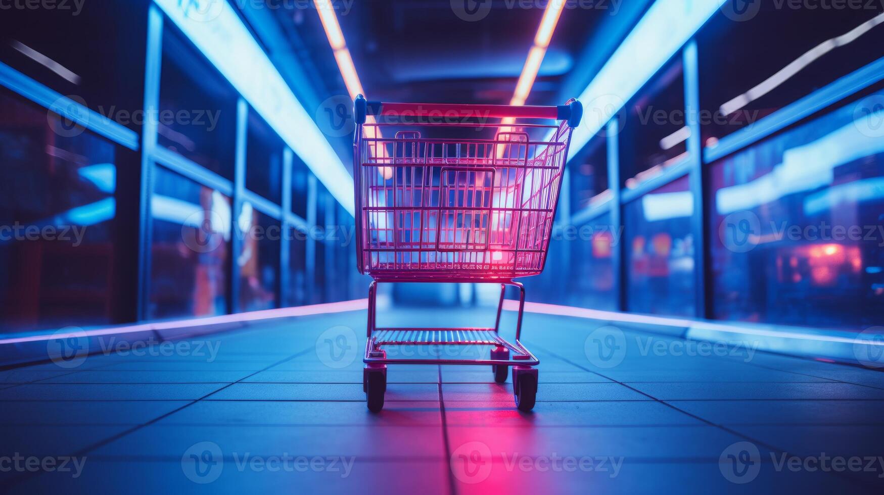 Supermarket aisle with empty red shopping cart with customer defocus background. Neural network photo