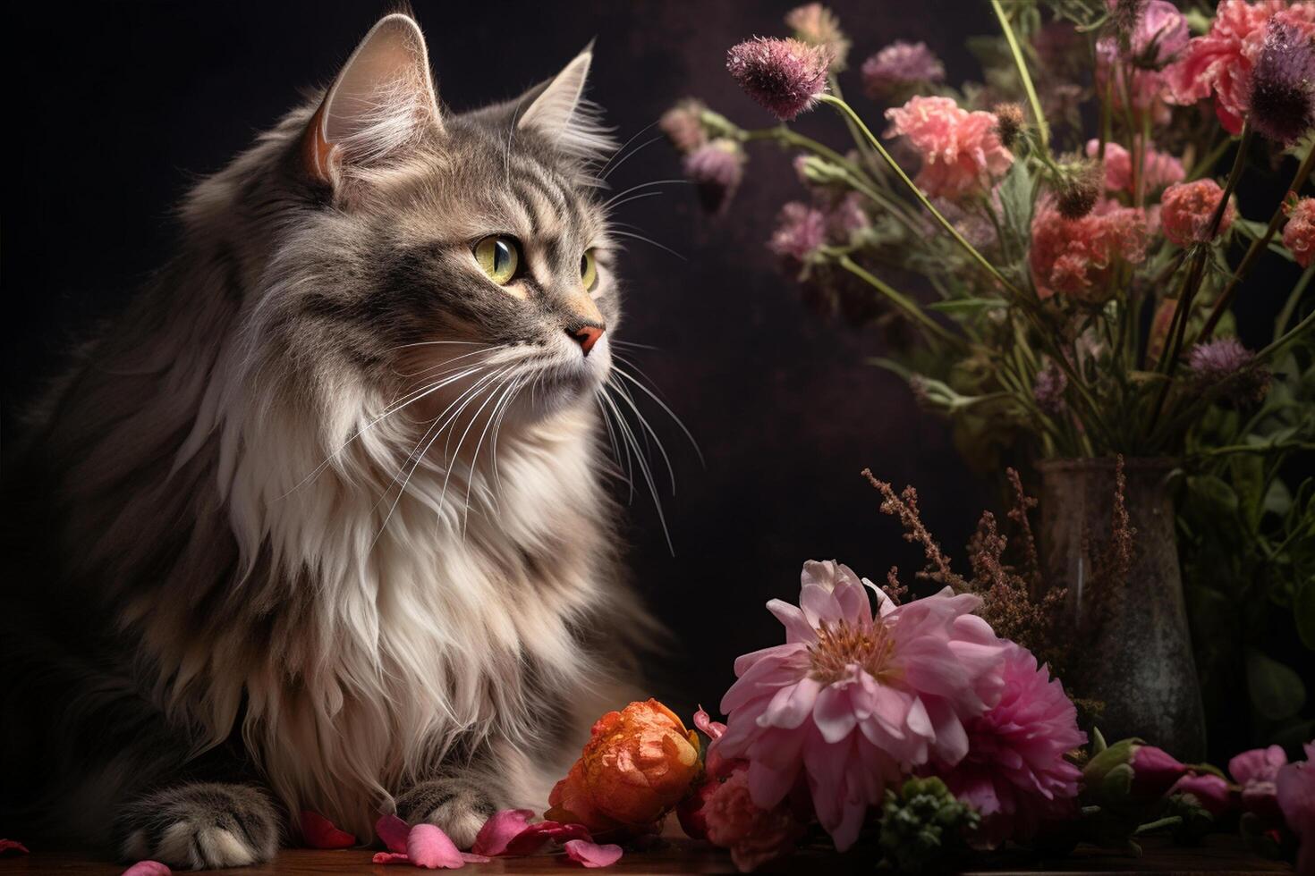 a cat sitting next to a candle and flowers photo