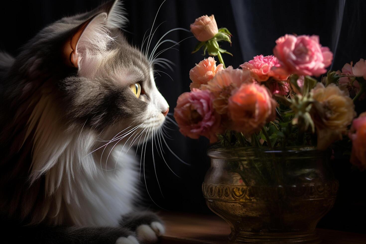 a cat sitting next to a candle and flowers photo