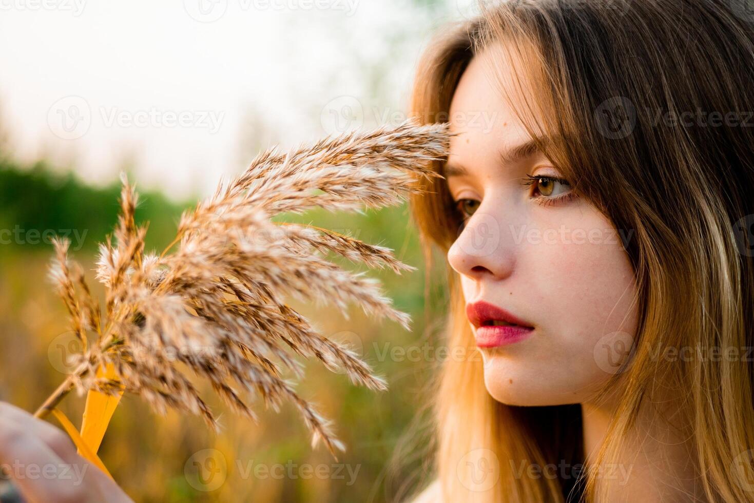 Beautiful young girl wearing blank gray t-shirt and black jeans posing against high green and yellow grass in early warm autumn. Outdoor portrait of beautiful female model. photo