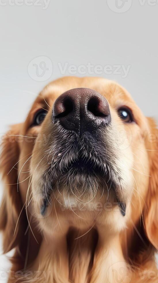 Portrait of a golden retriever on white background, emphasis on the nose. Space for text photo