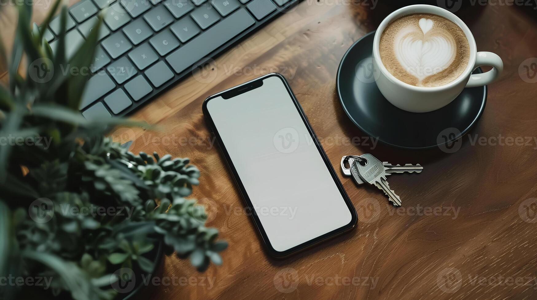 Cinematic still life close-up photo of a phone, keys and coffee on a desk with blank screen for mockups.