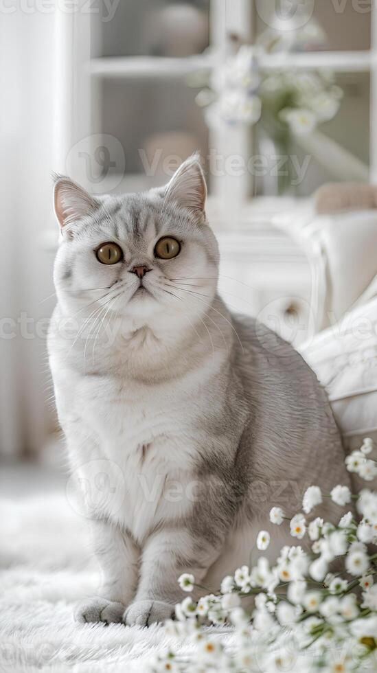 A gray and white British Shorthair cat is sitting on a delicate white carpet with small colored flowers photo