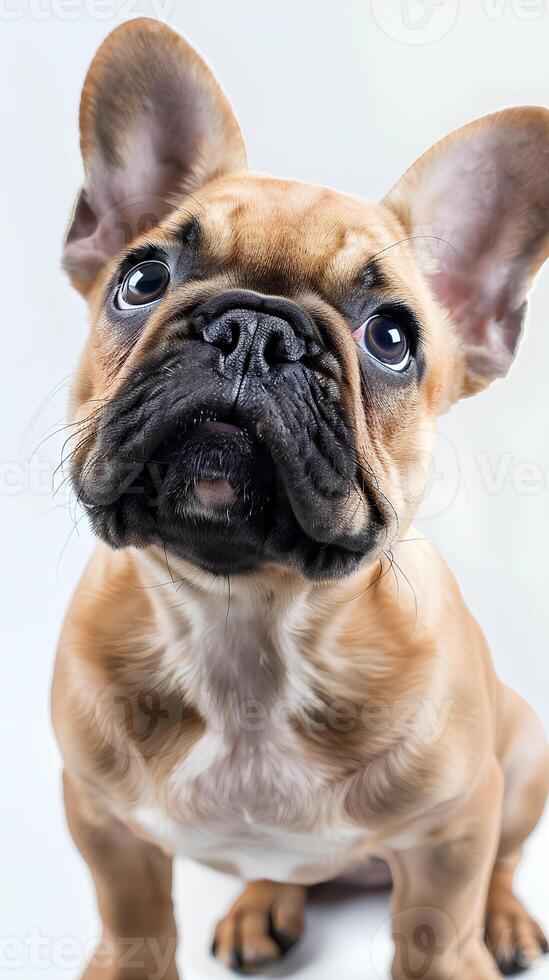 Portrait of a cute lovely French Bulldog on white background, emphasis on the nose. Space for text photo