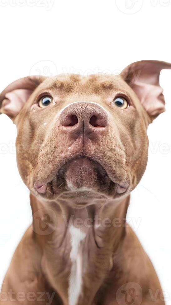 Portrait of a cute lovely pitbull on white background, emphasis on the nose. Space for text photo