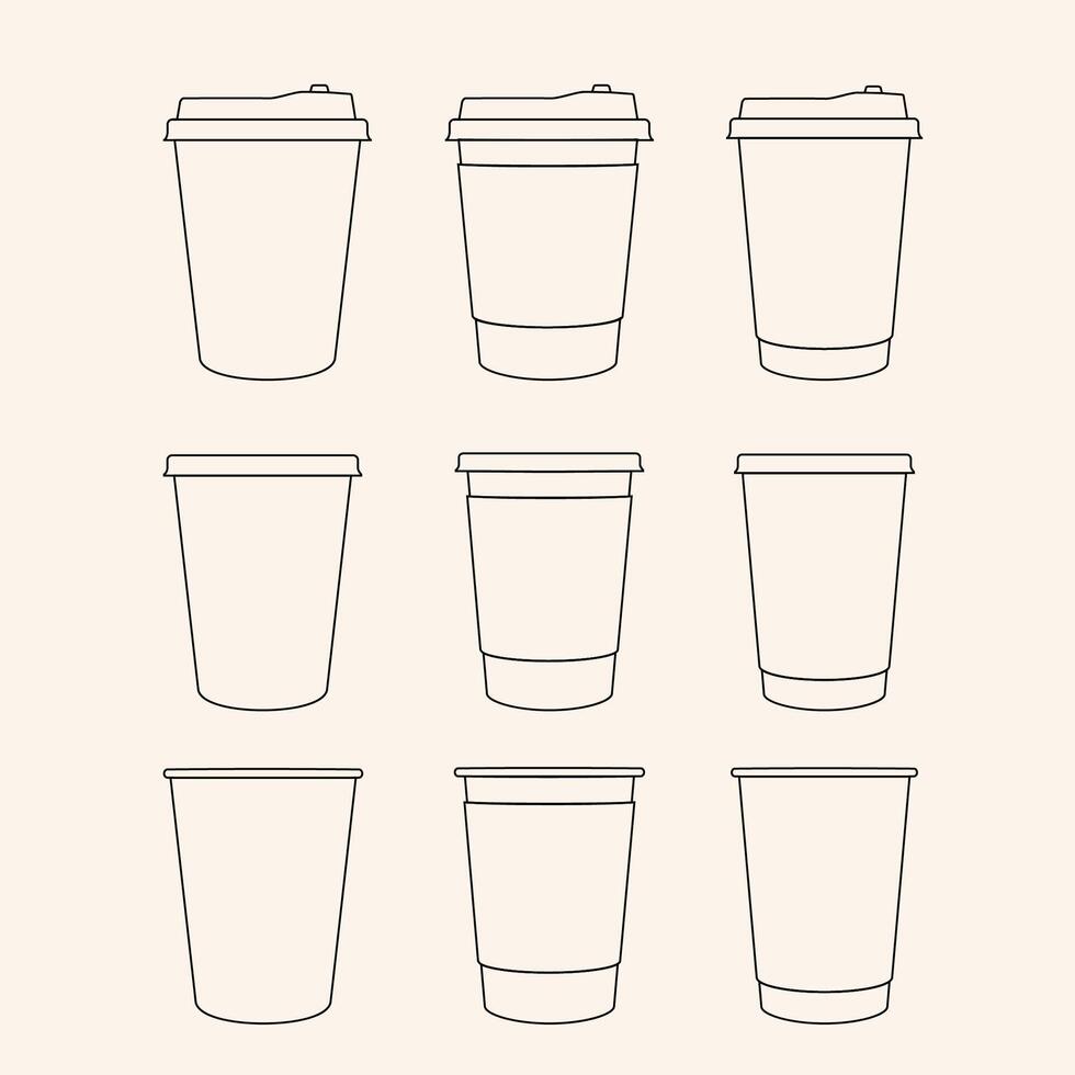Coffee cup icons in line style, set . Disposable coffee cup vector