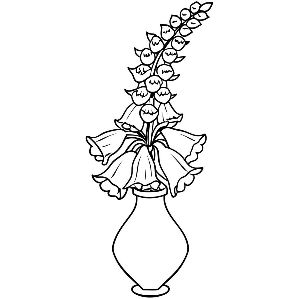 Foxglove flower on the vase outline illustration coloring book page design, Foxglove flower on the vase black and white line art drawing coloring book pages for children and adults vector