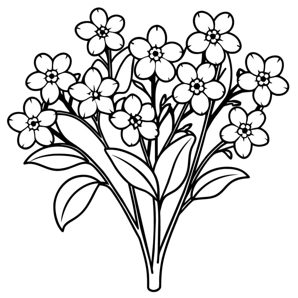 Forget Me Not Flower Bouquet outline illustration coloring book page design, Forget Me Not Flower Bouquet black and white line art drawing coloring book pages for children and adults vector
