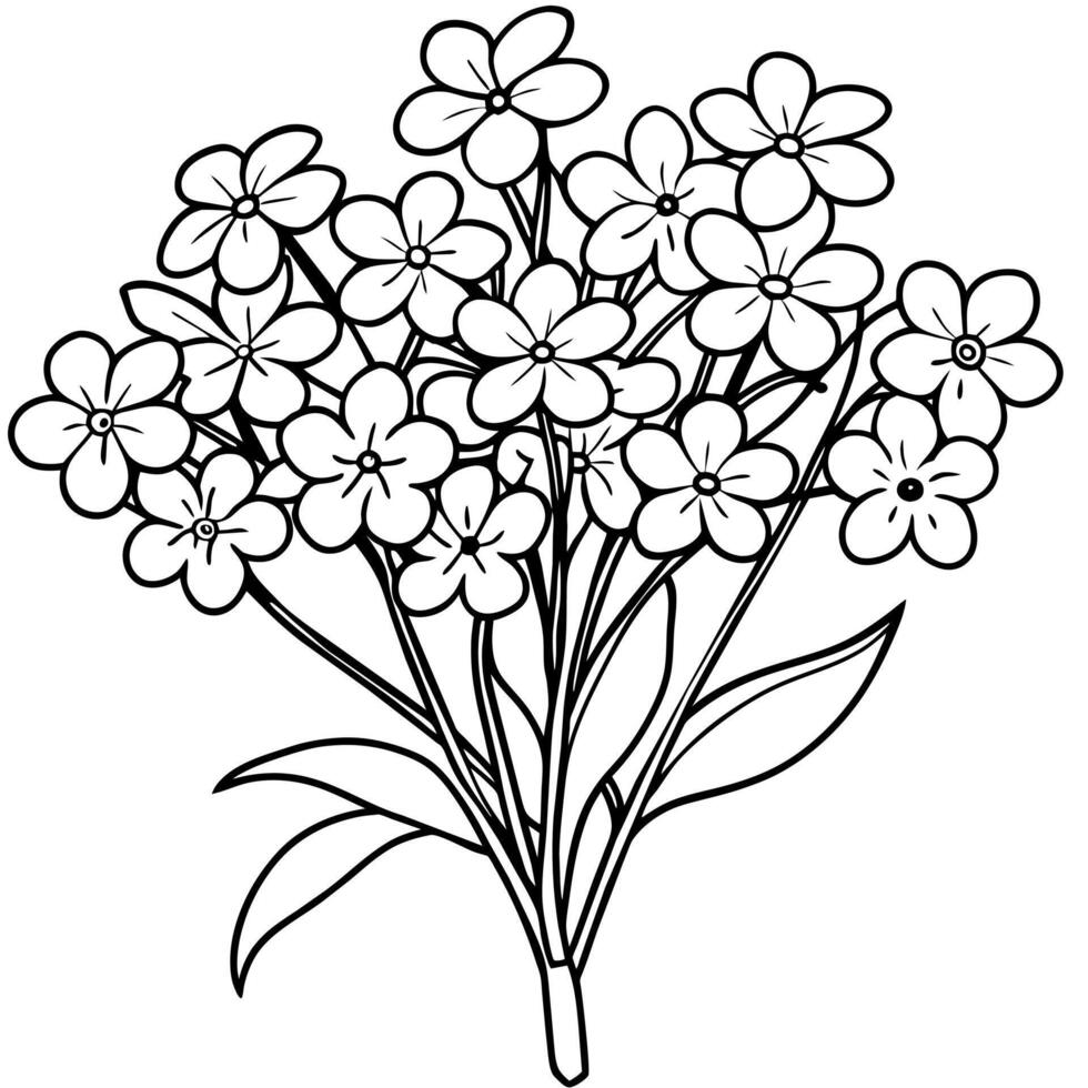 Forget Me Not Flower Bouquet outline illustration coloring book page design, Forget Me Not Flower Bouquet black and white line art drawing coloring book pages for children and adults vector
