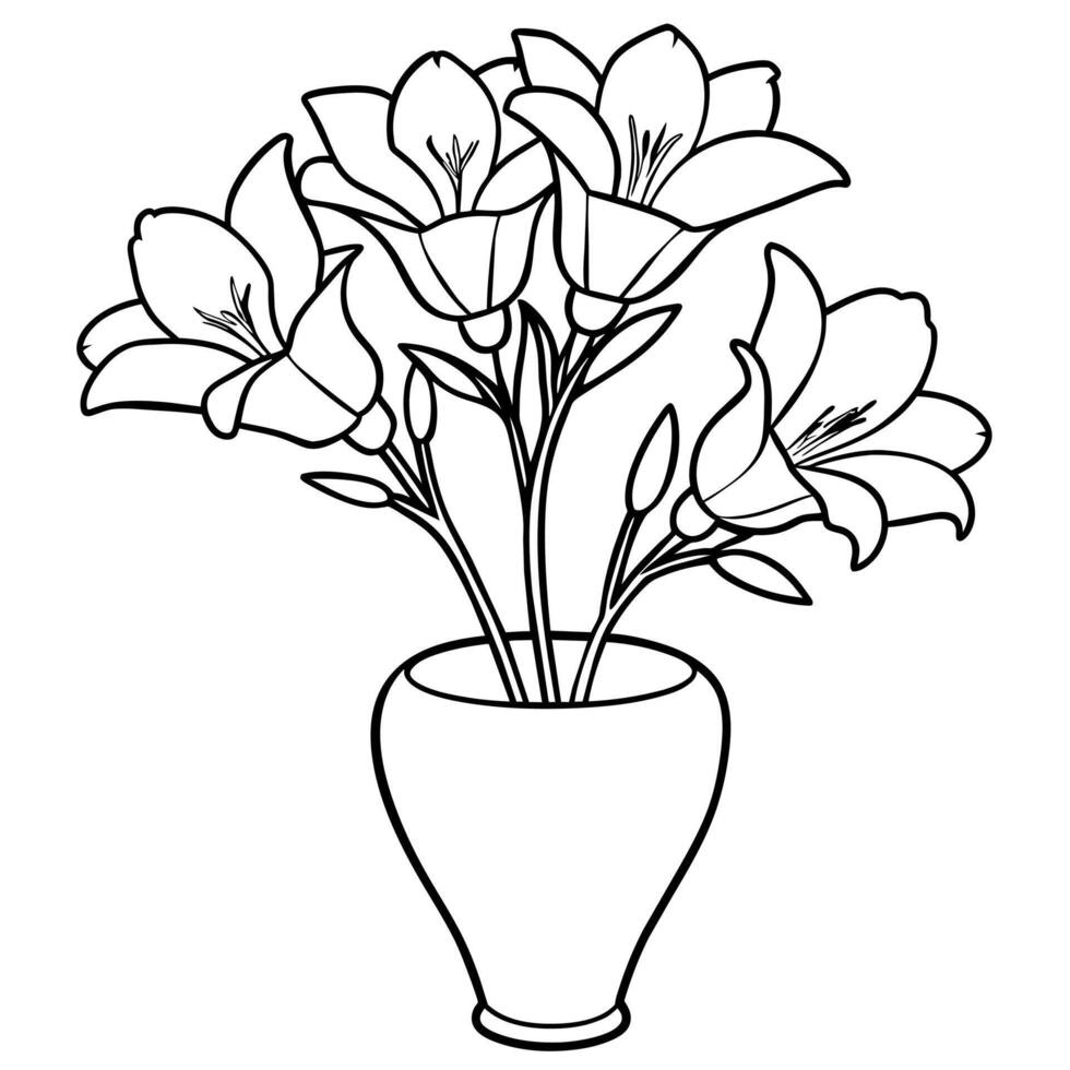 Freesia flower on the vase outline illustration coloring book page design, Freesia flower on the vase black and white line art drawing coloring book pages for children and adults vector