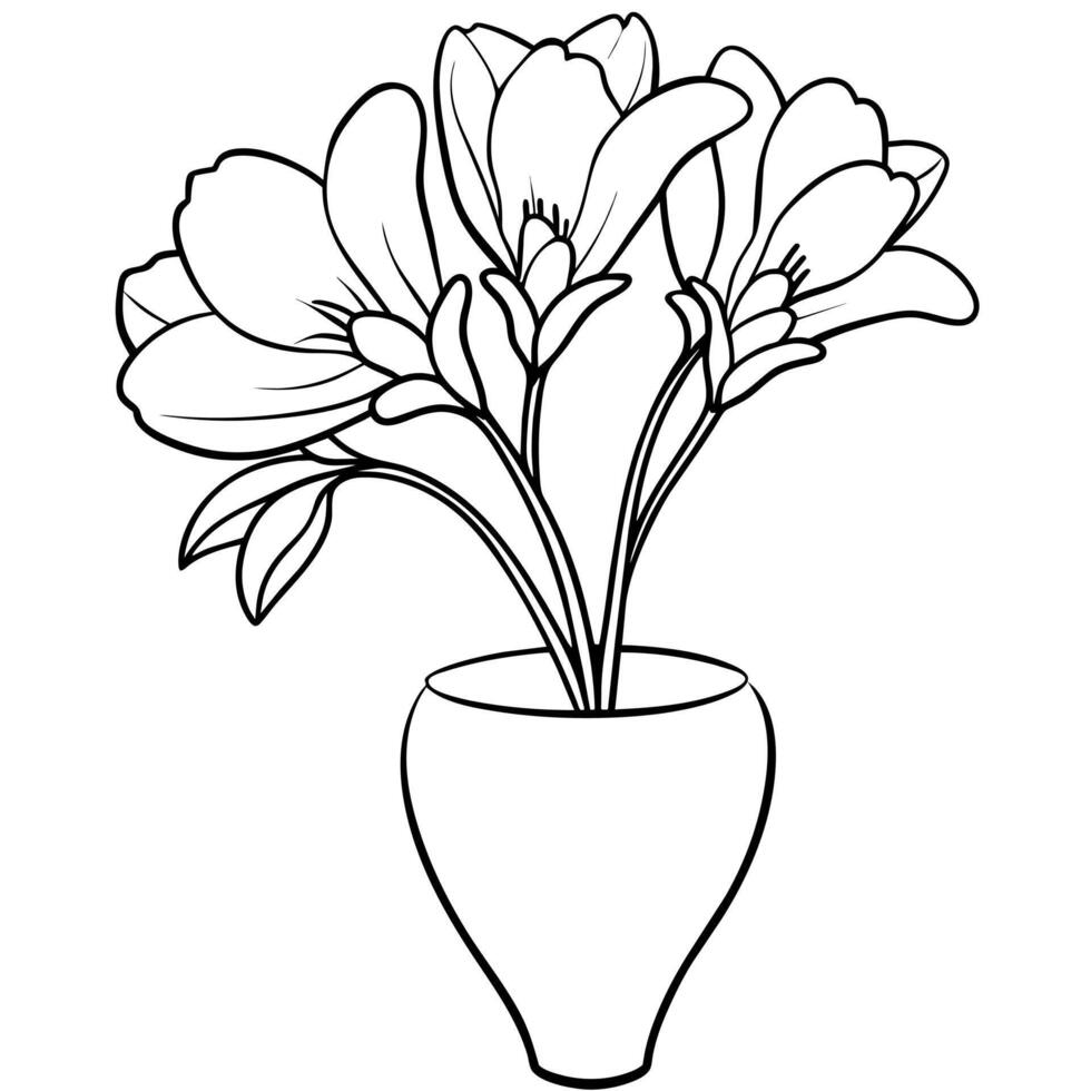 Freesia flower on the vase outline illustration coloring book page design, Freesia flower on the vase black and white line art drawing coloring book pages for children and adults vector