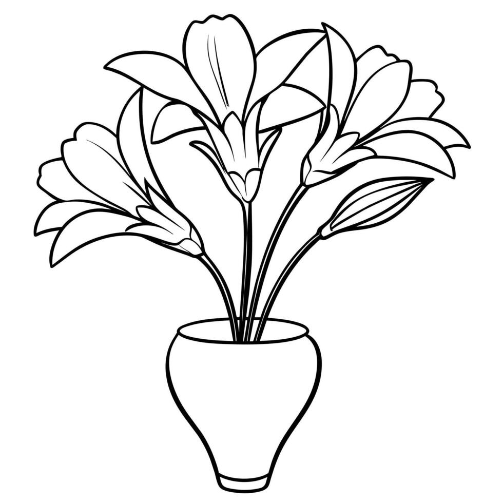 Freesia flower on the vase outline illustration coloring book page design, Freesia flower on the vase black and white line art drawing coloring book pages for children and adults vector