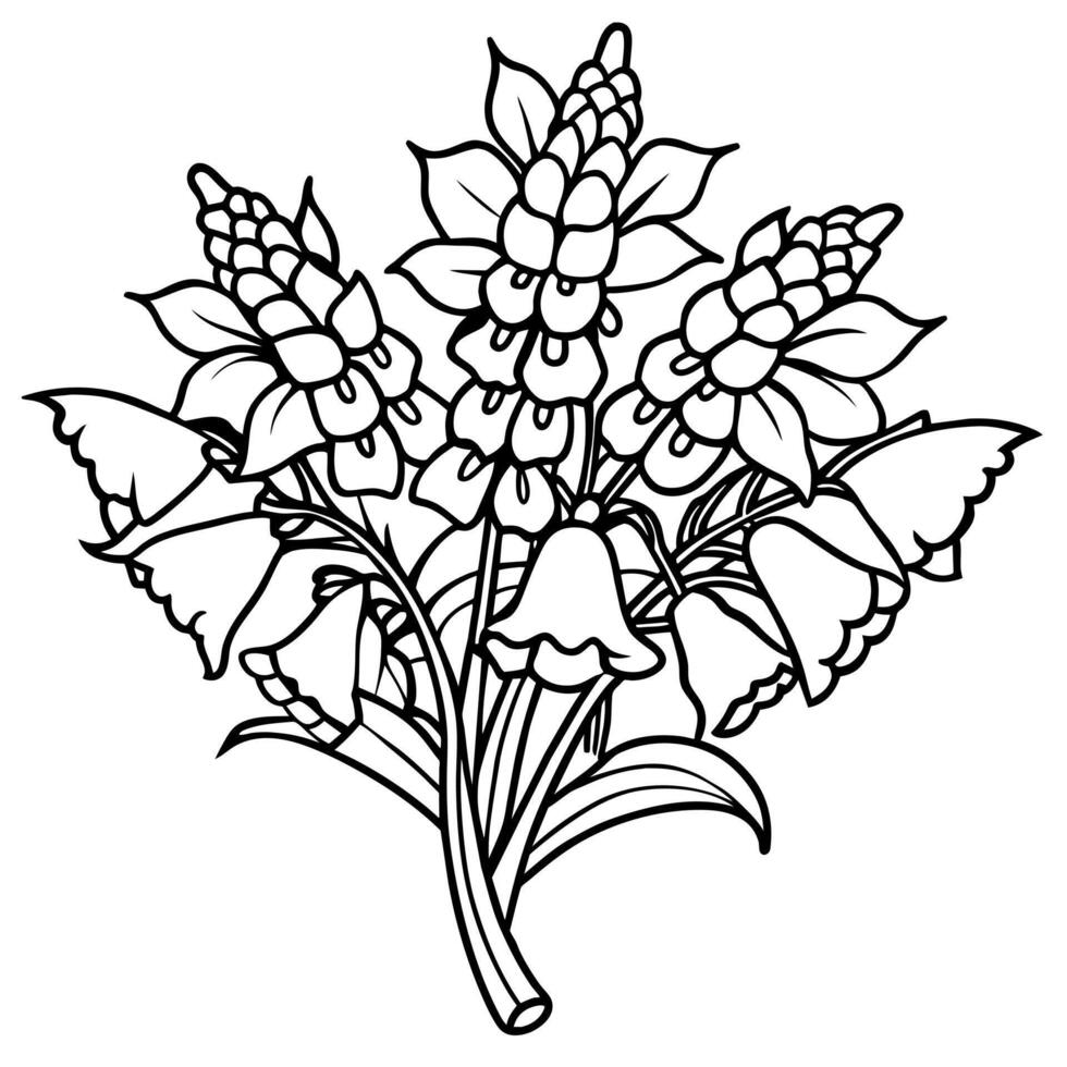 Foxglove Flower Bouquet outline illustration coloring book page design, Foxglove Flower Bouquet black and white line art drawing coloring book pages for children and adults vector