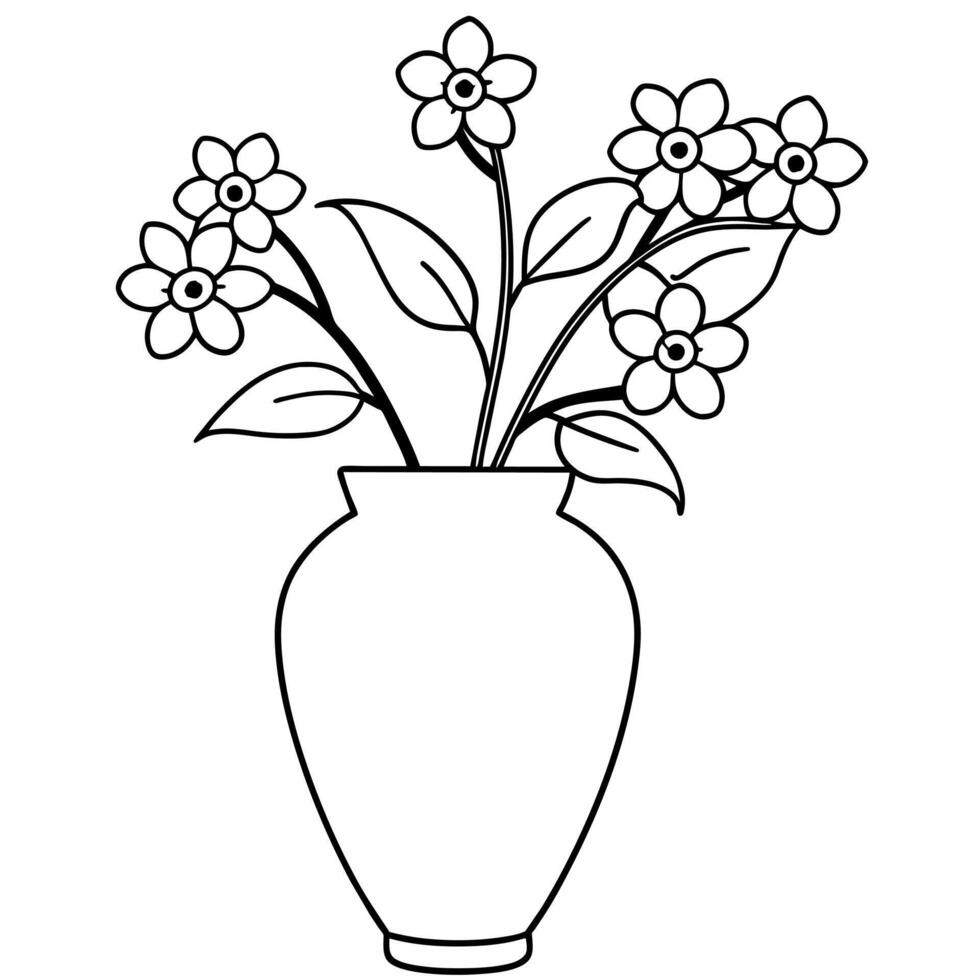 Forget Me Not Flower on the vase outline illustration coloring book page design, Forget Me Not Flower on the vase black and white line art drawing coloring book pages for children and adults vector