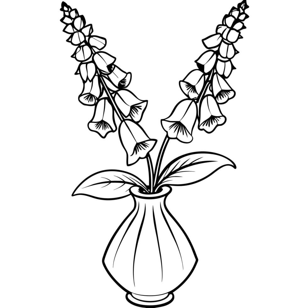 Foxglove flower on the vase outline illustration coloring book page design, Foxglove flower on the vase black and white line art drawing coloring book pages for children and adults vector