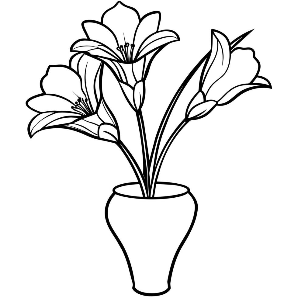 Freesia flower on the vase outline illustration coloring book page design, Freesia flower on the vase black and white line art drawing coloring book pages for children and adults vector
