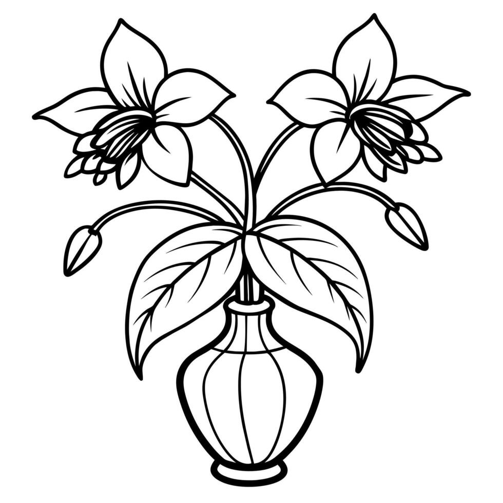 Fuchsia flower on the vase outline illustration coloring book page design, Fuchsia flower on the vase black and white line art drawing coloring book pages for children and adults vector