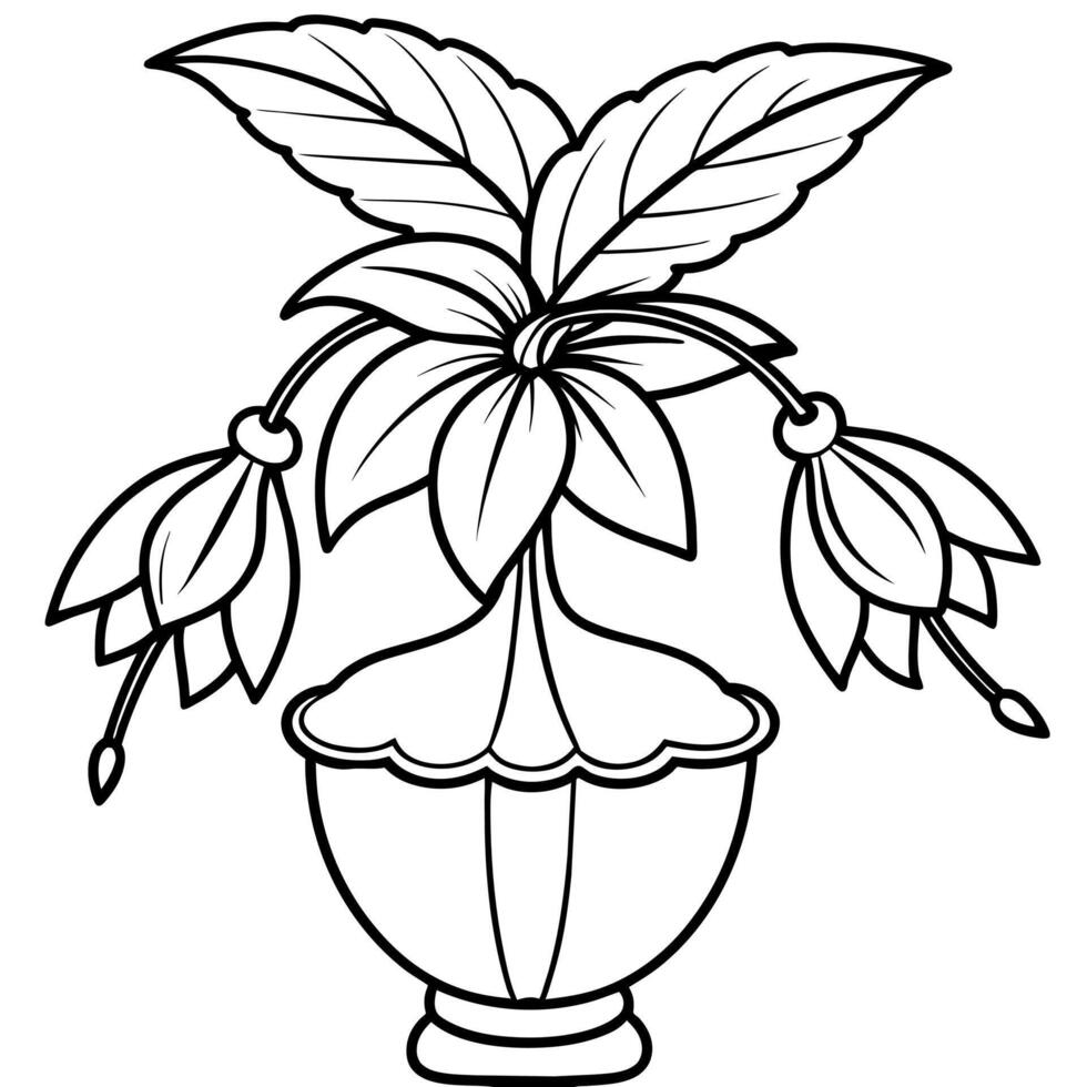 Fuchsia flower on the vase outline illustration coloring book page design, Fuchsia flower on the vase black and white line art drawing coloring book pages for children and adults vector