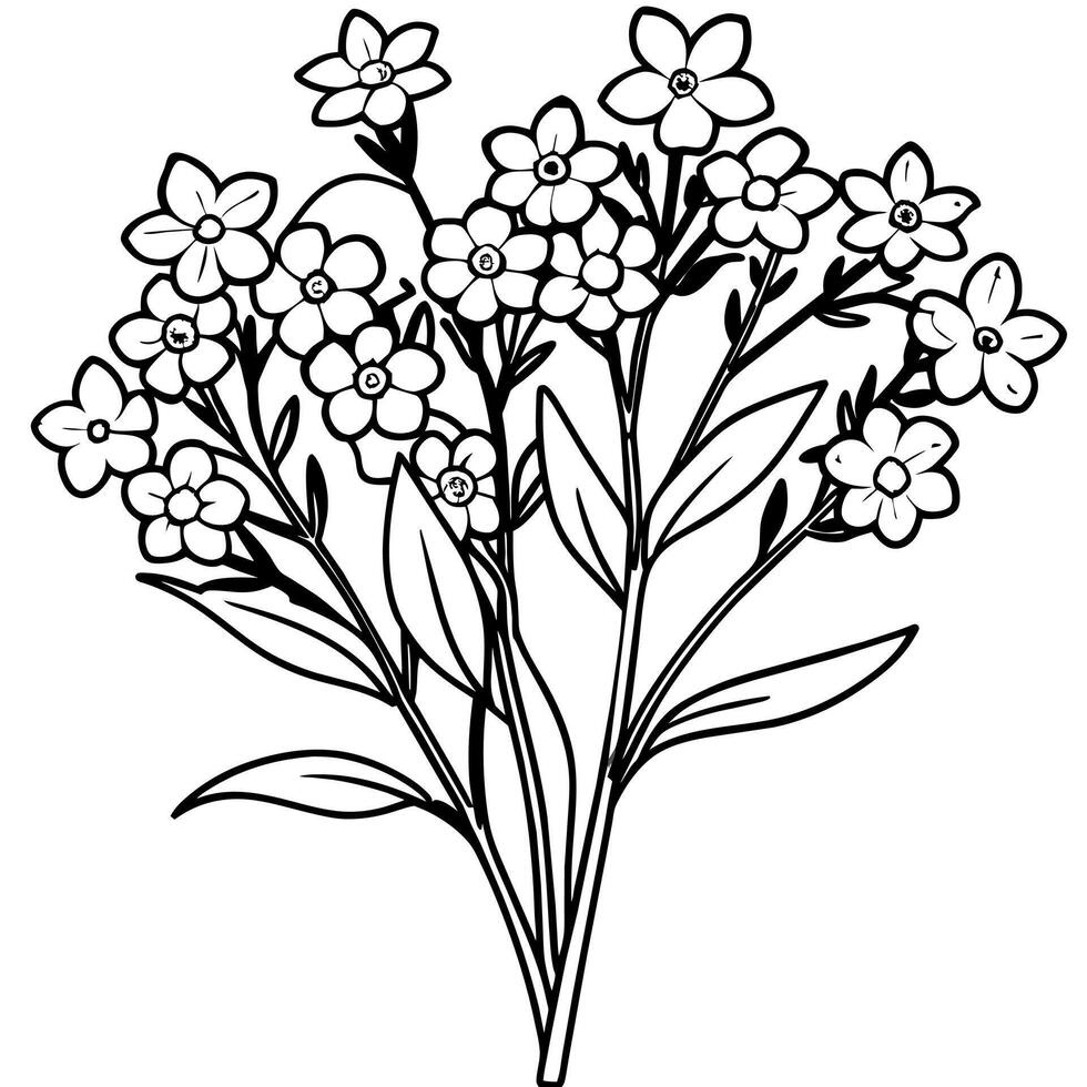 Forget Me Not Flower Bouquet outline illustration coloring book page design, Forget Me Not Flower Bouquet black and white line art drawing coloring book pages for children and adults vector