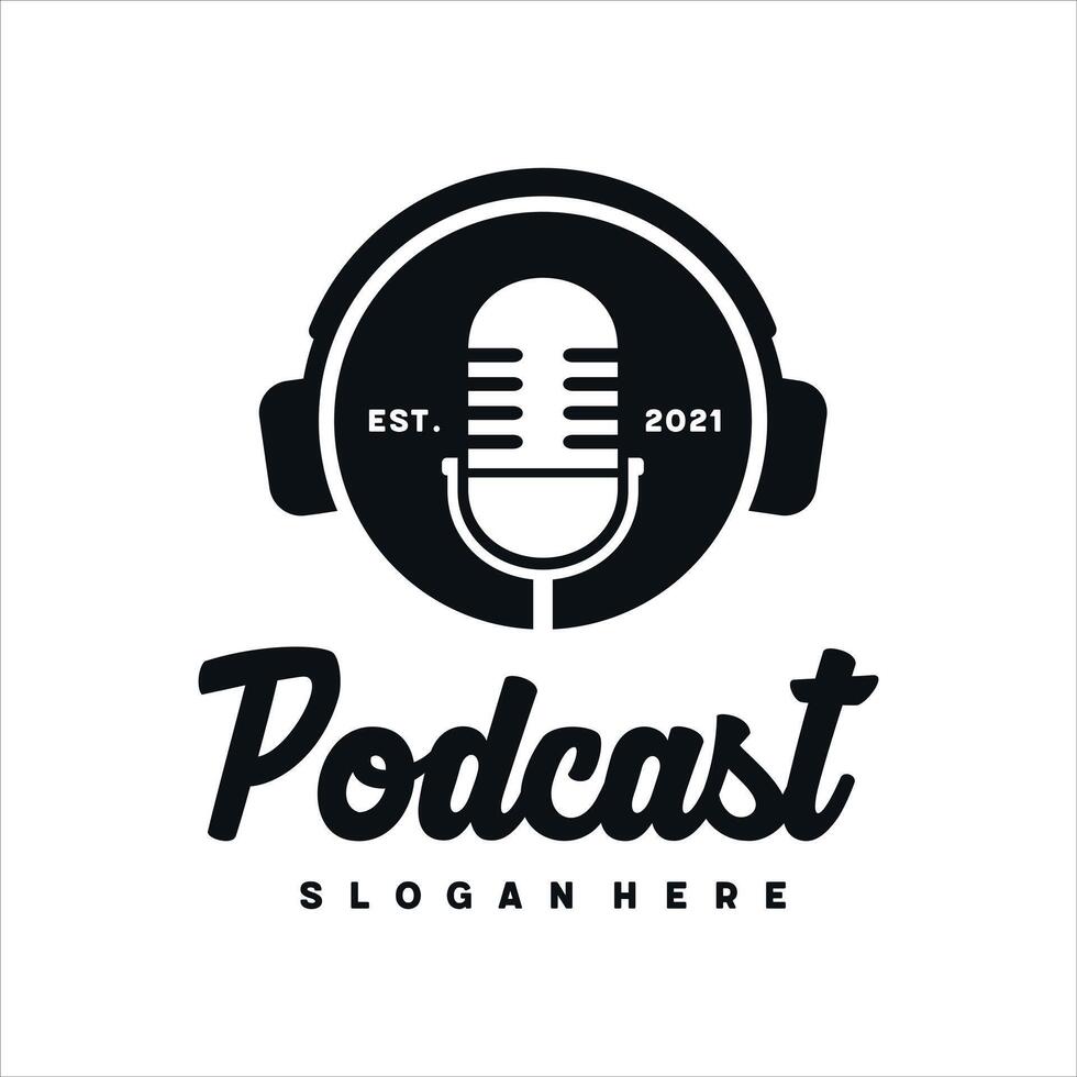 Podcast with microphone logo design template vector