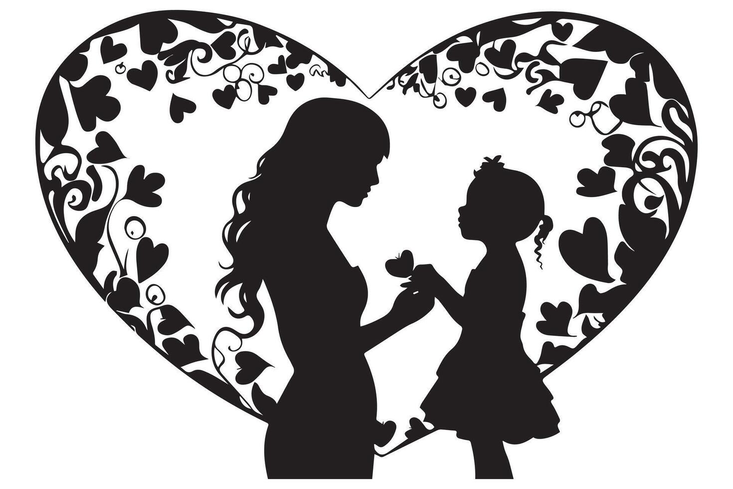 Heart with black silhouette mom and baby vector