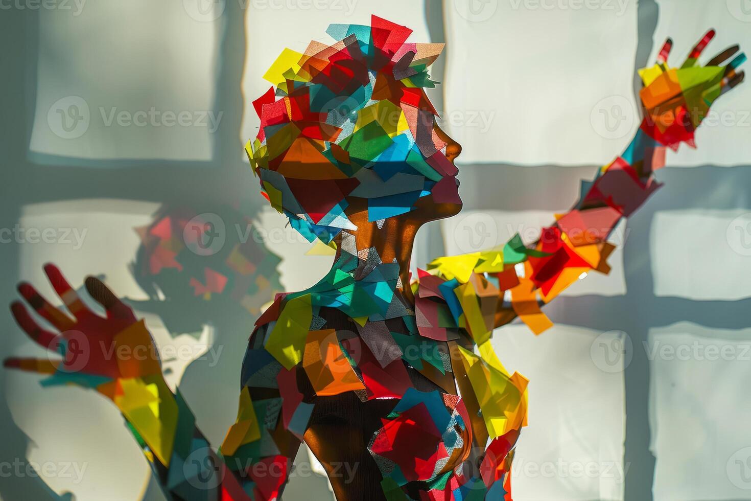 The woman is wearing a colorful outfit and has a colorful face. The image is a collage of different colored pieces of paper photo