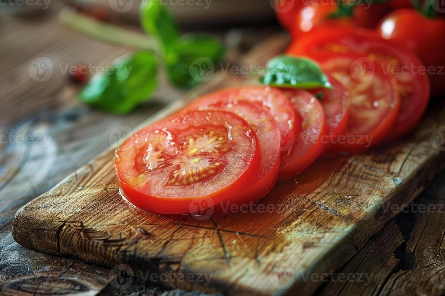 Sliced tomatoes lie on a cutting board photo